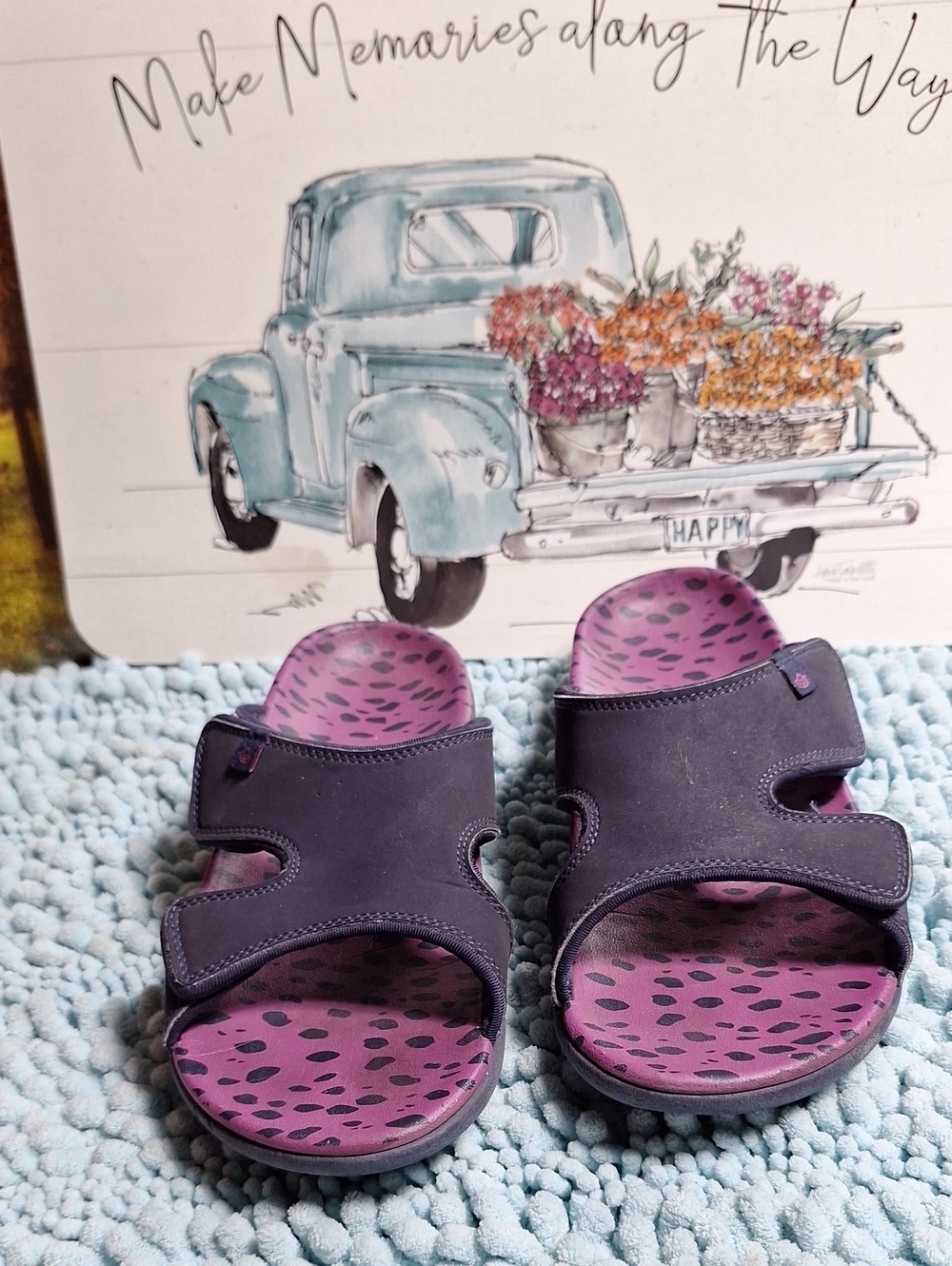 Women’s Spenco Purple Slide Sandals with Patterned Footbed